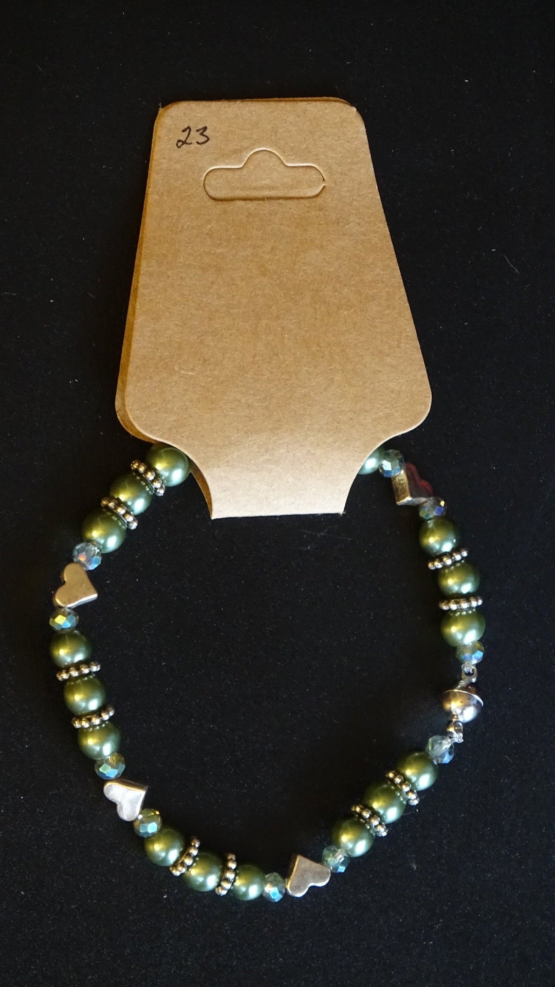 Green pearl & sliver hearts