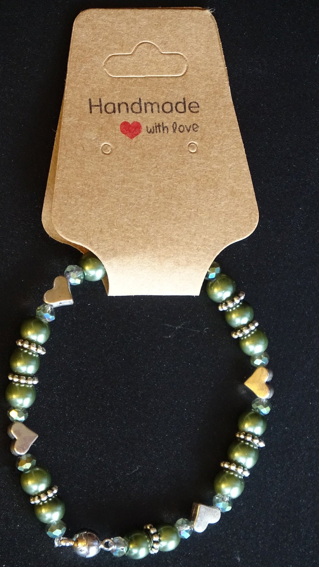 Green pearl & silver heart bracelet